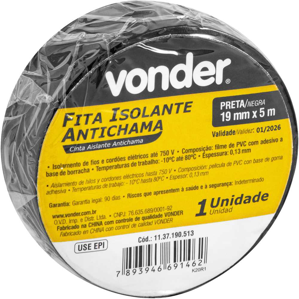 Fita isolante, 19,0 mm x 5 m, preta, VONDER, foto 4