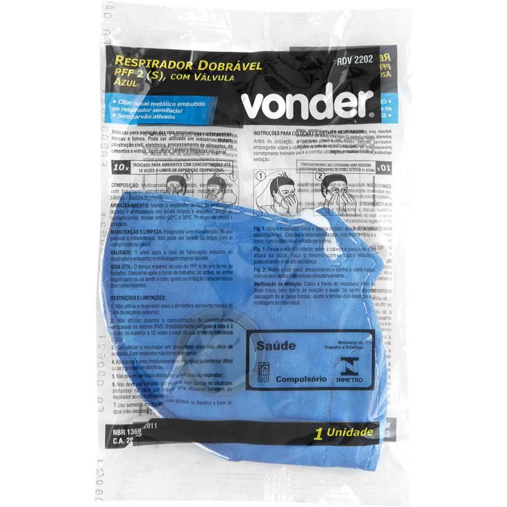 Respirador Dobrável, Semifacial, Sem Carvão Ativado, Com Válvula, Pff2, Rdv 2202, Azul, Vonder, foto 2