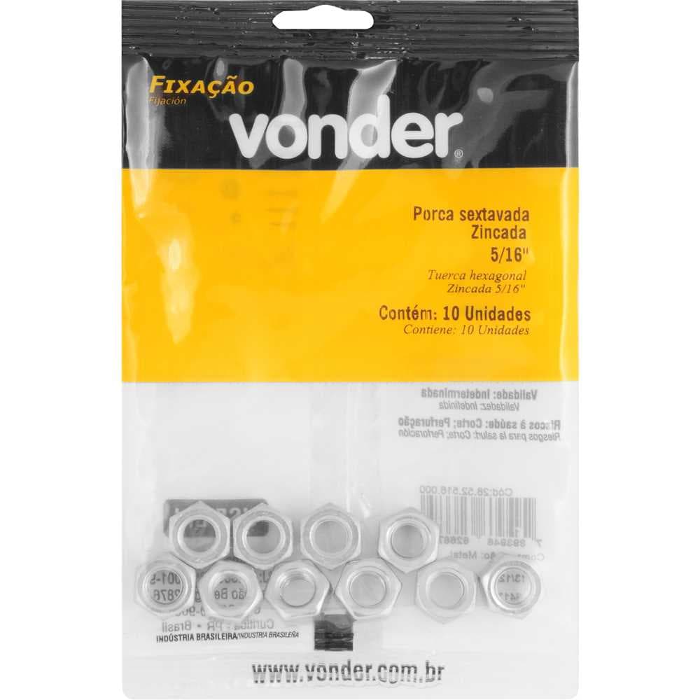 Porca sextavada 5/16" UNC, zincada, cartela com 10 peças, VONDER, foto 3