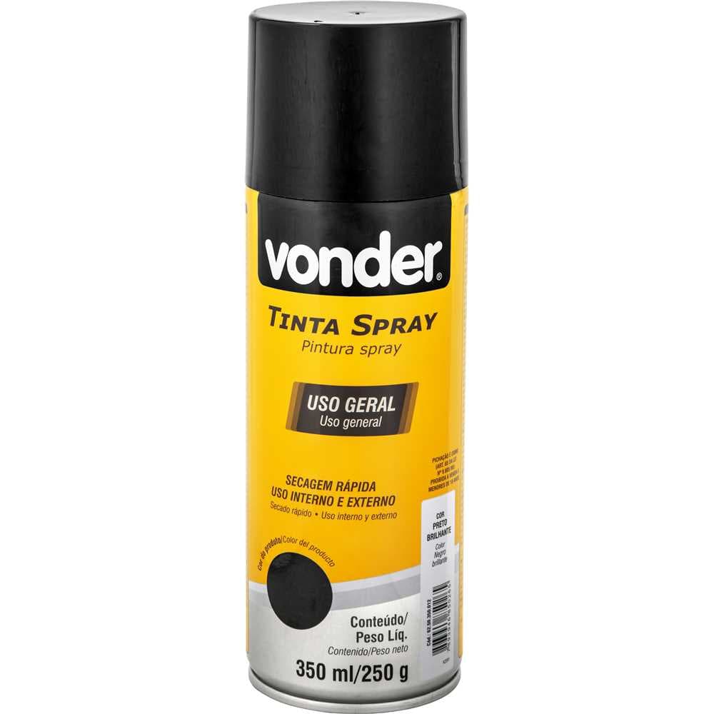 Tinta Em Spray Preto Brilhante, 350 Ml/250 G, Vonder, foto 1 de 3