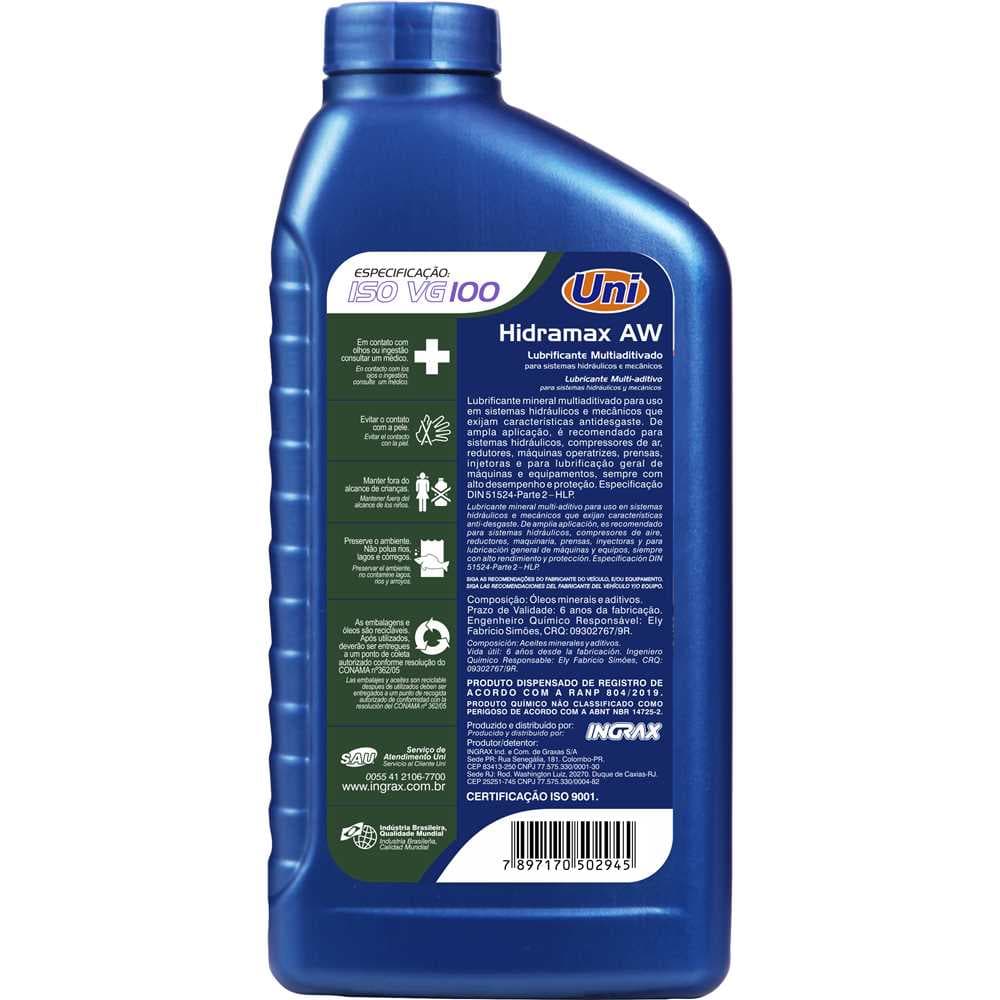 Óleo Para Compressores E Sistemas Hidráulicos Aw 100, 1 Litro Ingrax, foto 2