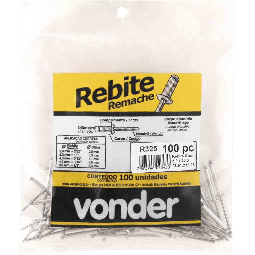 Rebite De Repuxo Com Cabeça Redonda 3,2 Mm X 25 Mm Pacote Com 100 Peças, Alumínio, Vonder, foto 2